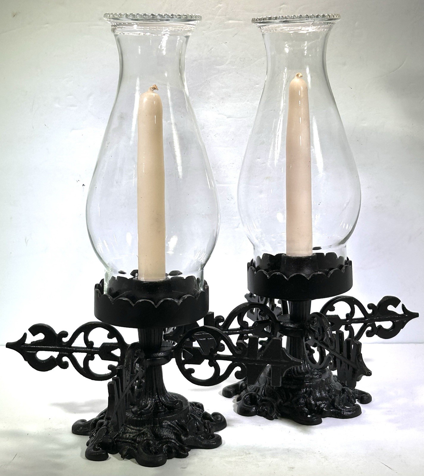 VTG Robert Emig Weathervane Cast Iron Hurricane Glass Candle Holders (2) Gothic