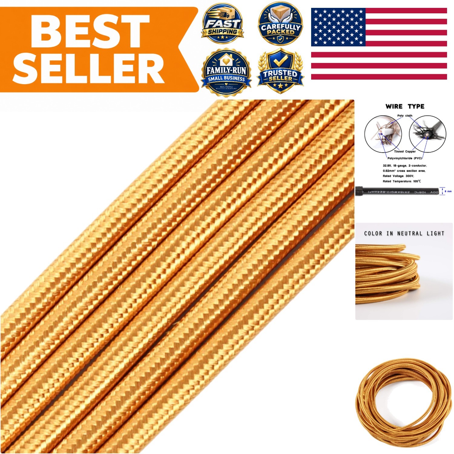 Brass Vintage Style 32.8ft 18-Gauge Textile Wire for Retro Lighting Designs