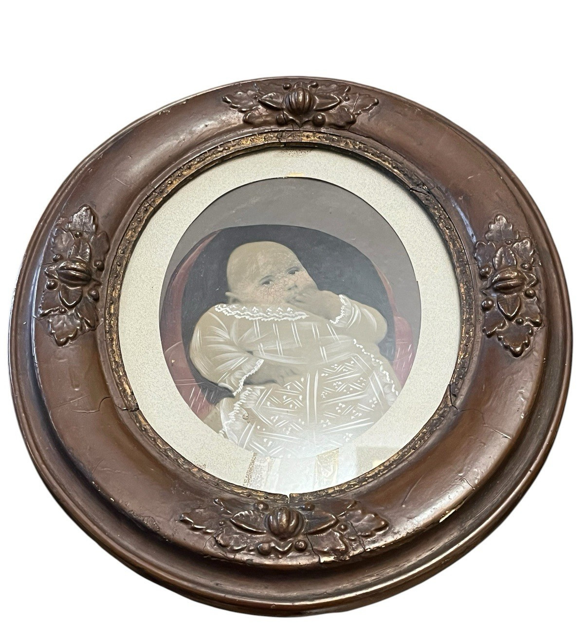 Antique Tin Baby Photo With Painting Ornate Wood Frame Identified Family History