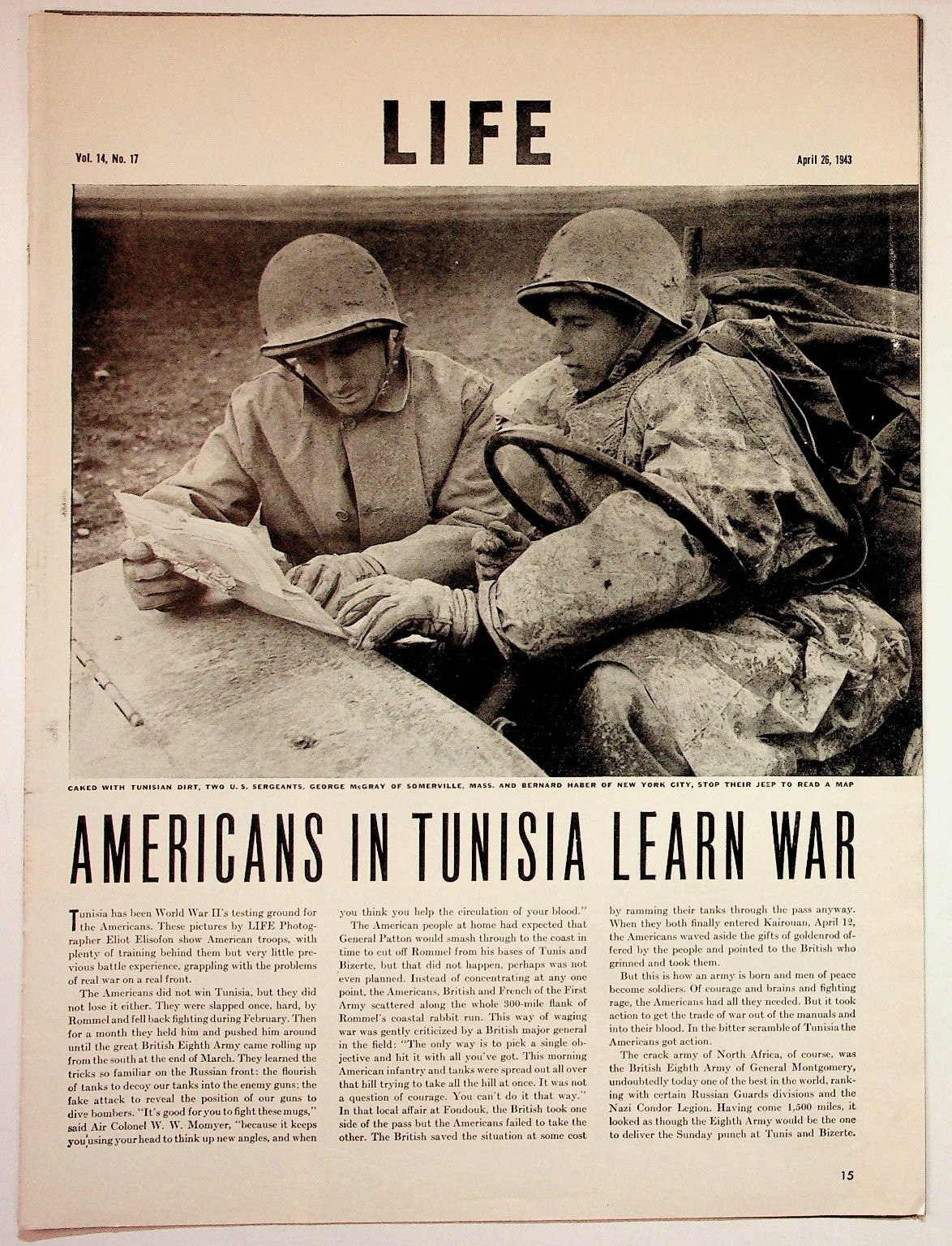 1943 LIFE Magazine Spread WWII Tunisia Americans Learn War Map Coffin Corner