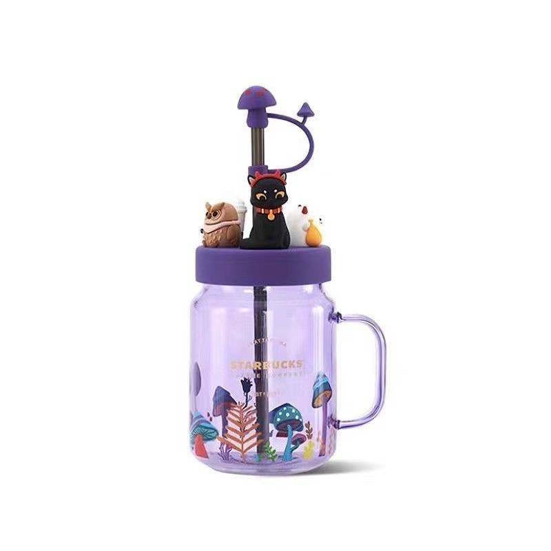 Starbucks 20oz Halloween Black Cat Glass Mason Mug With Lid & Straw Topper Cup