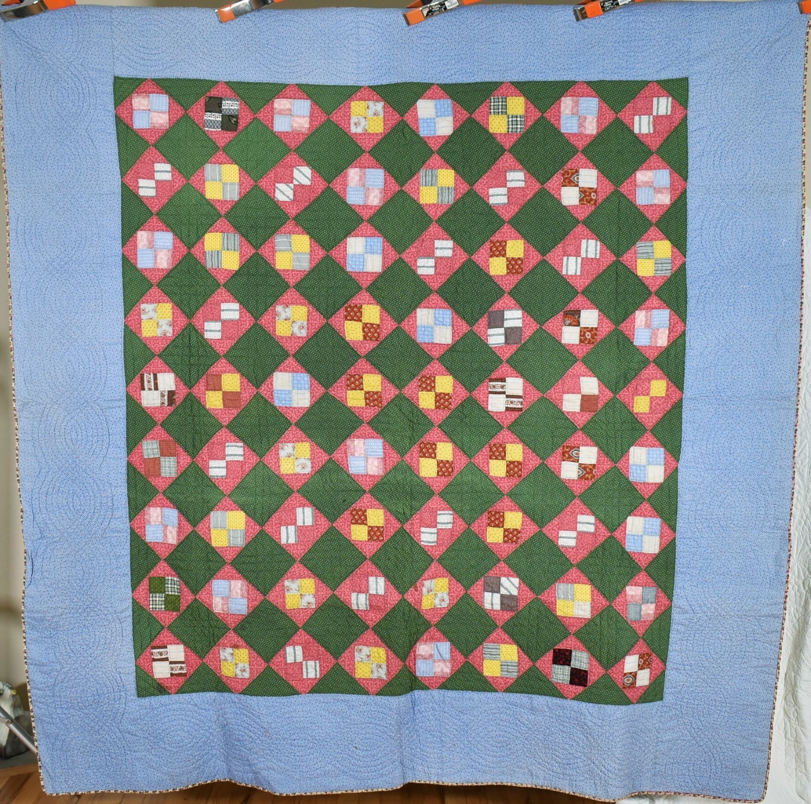 ELEGANT Vintage 1880\'s PA Mennonite 4-Patch Diamond in a Square Antique Quilt