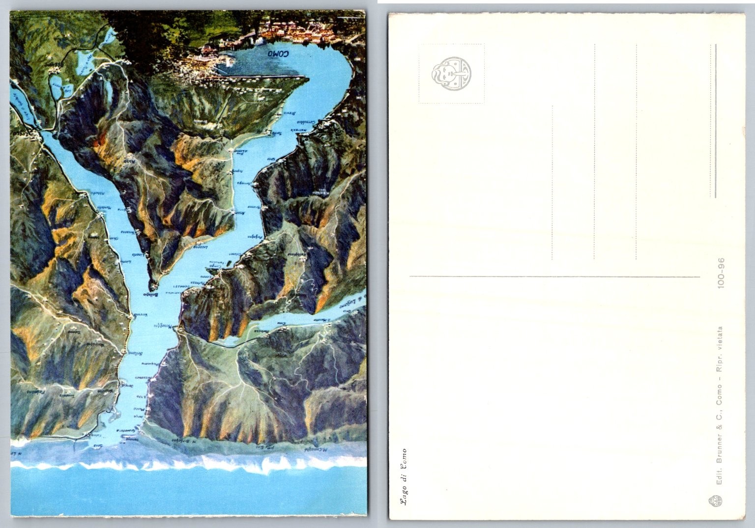 Vintage Lake Como Italy Aerial Relief Map Postcard - Lago di Como Scenic View