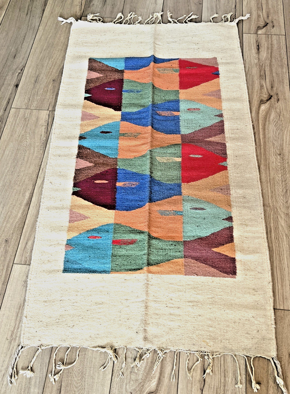 VTG Mexico Zapotec Oaxacan Fringed Woven Wool Pisces Fish Rug Tapestry 20x40Boho