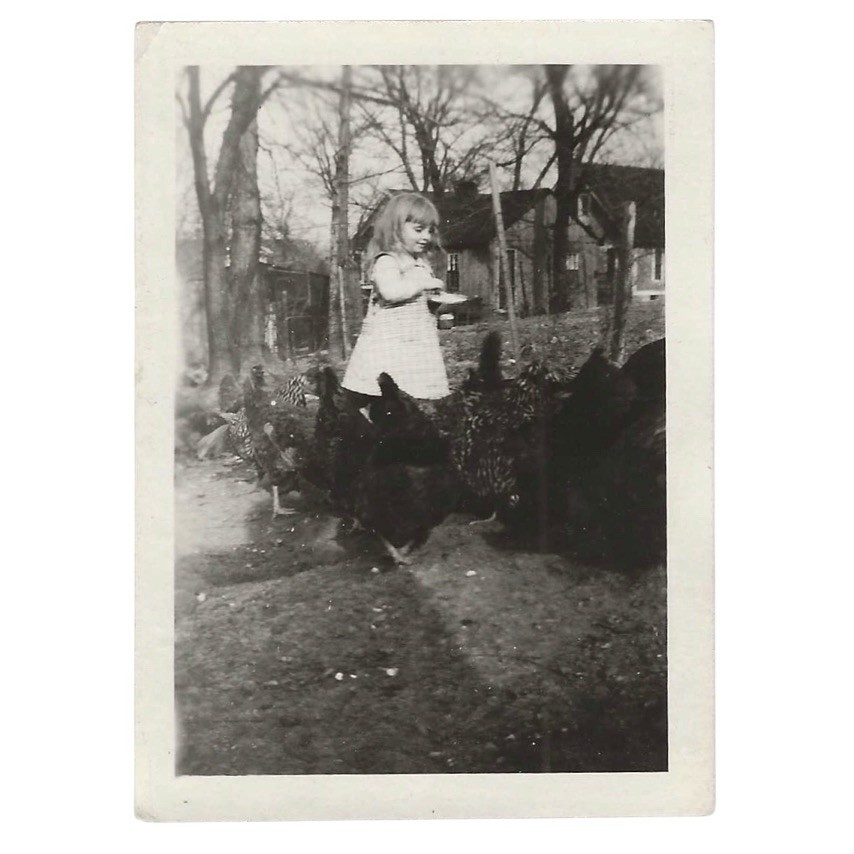 Vintage Snapshot Photo Girl Feeding Chickens in Yard 1910s B&W Photograph