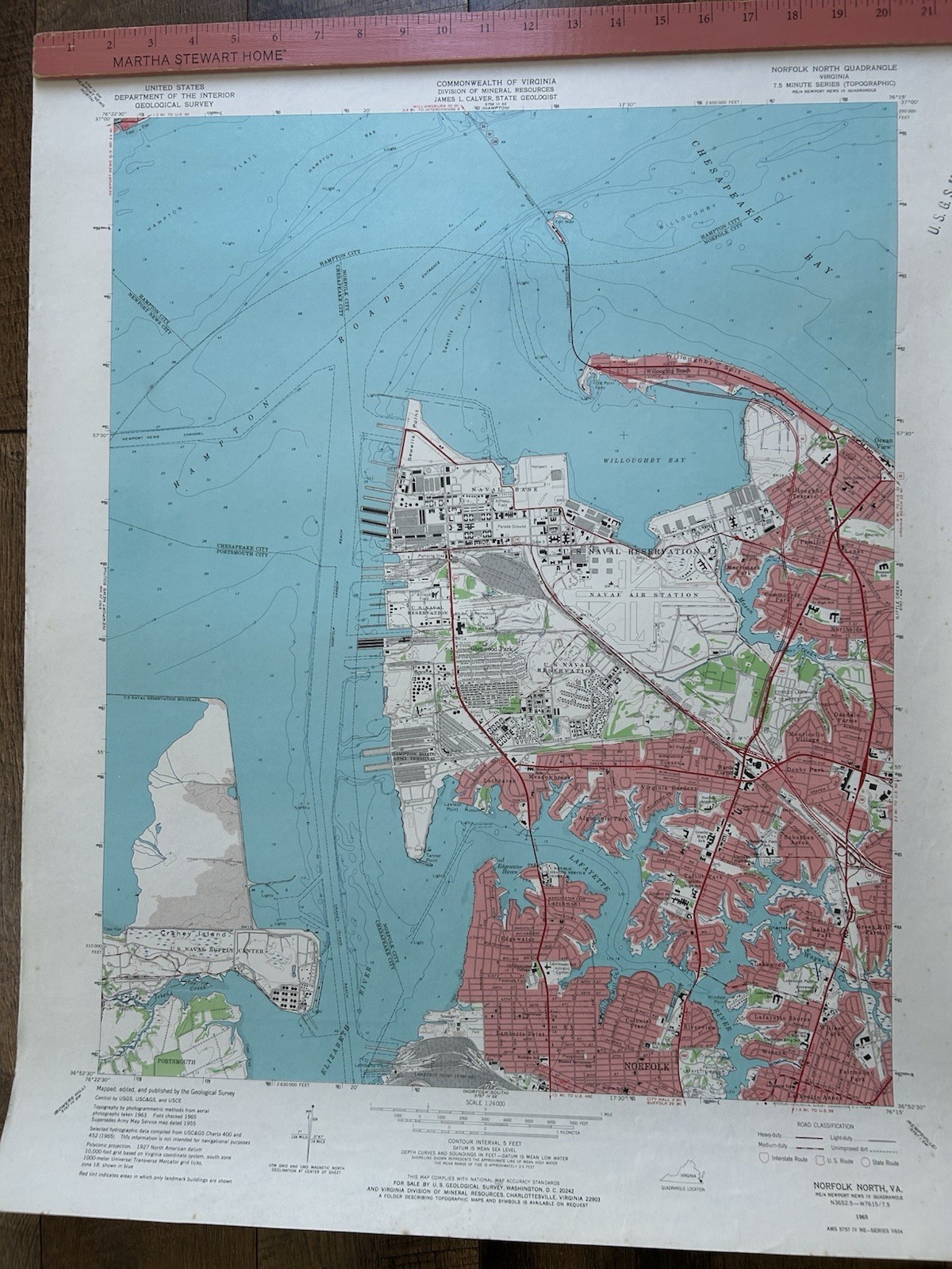 Vintage 1965 Geological Survey Map Virginia Commonwealth Norfolk North VA 22x27