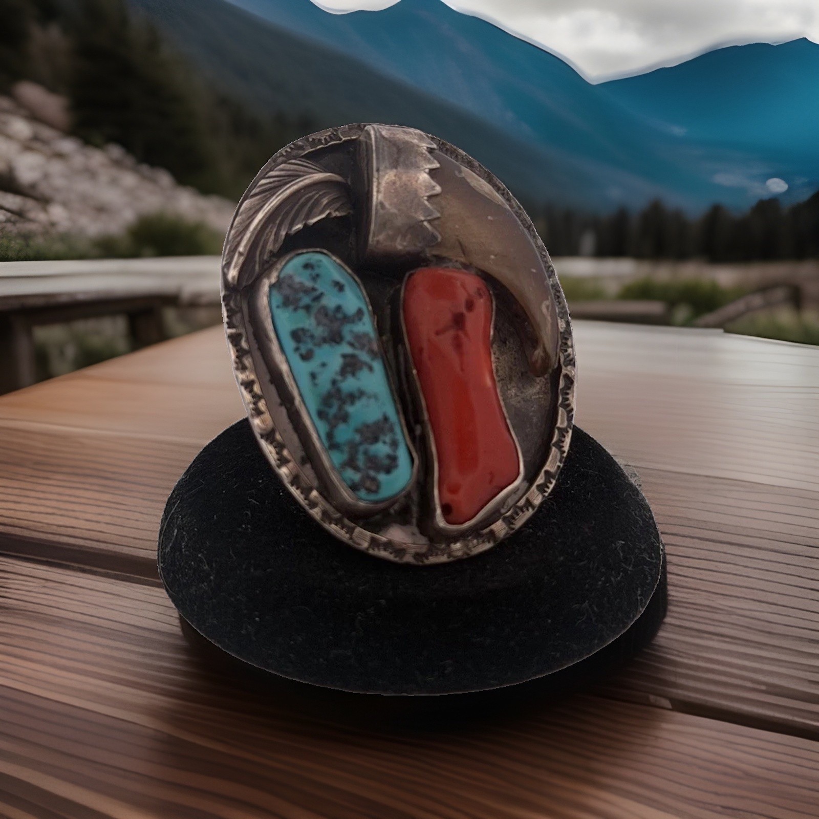 Vtg Navajo Signed Big Turquoise Coral & Faux Claw Sterling Silver Ring Size 9