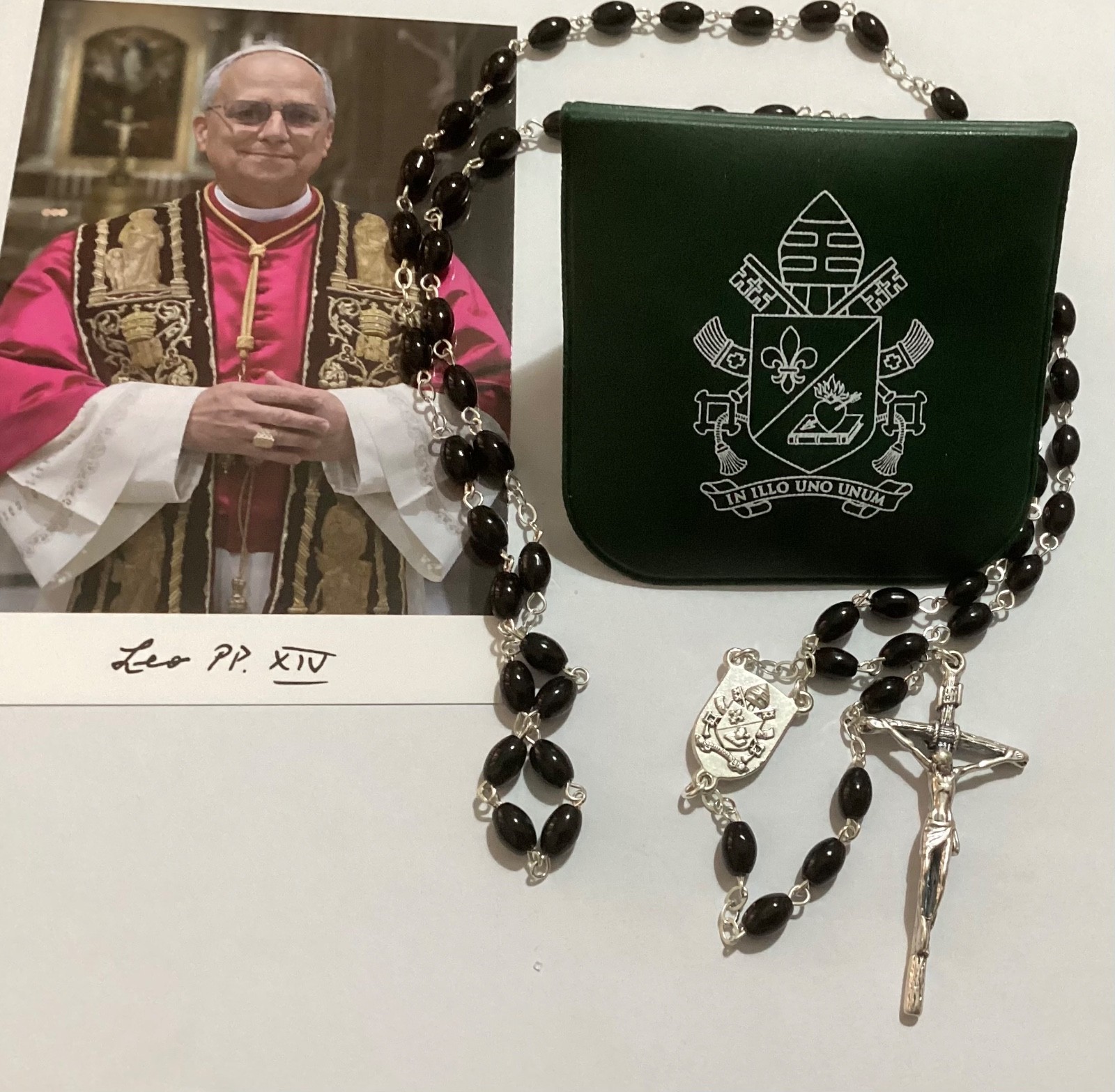 Rare Official Black Beads Pearl Rosary Green Leather Case Pope Leo XIV Prevost