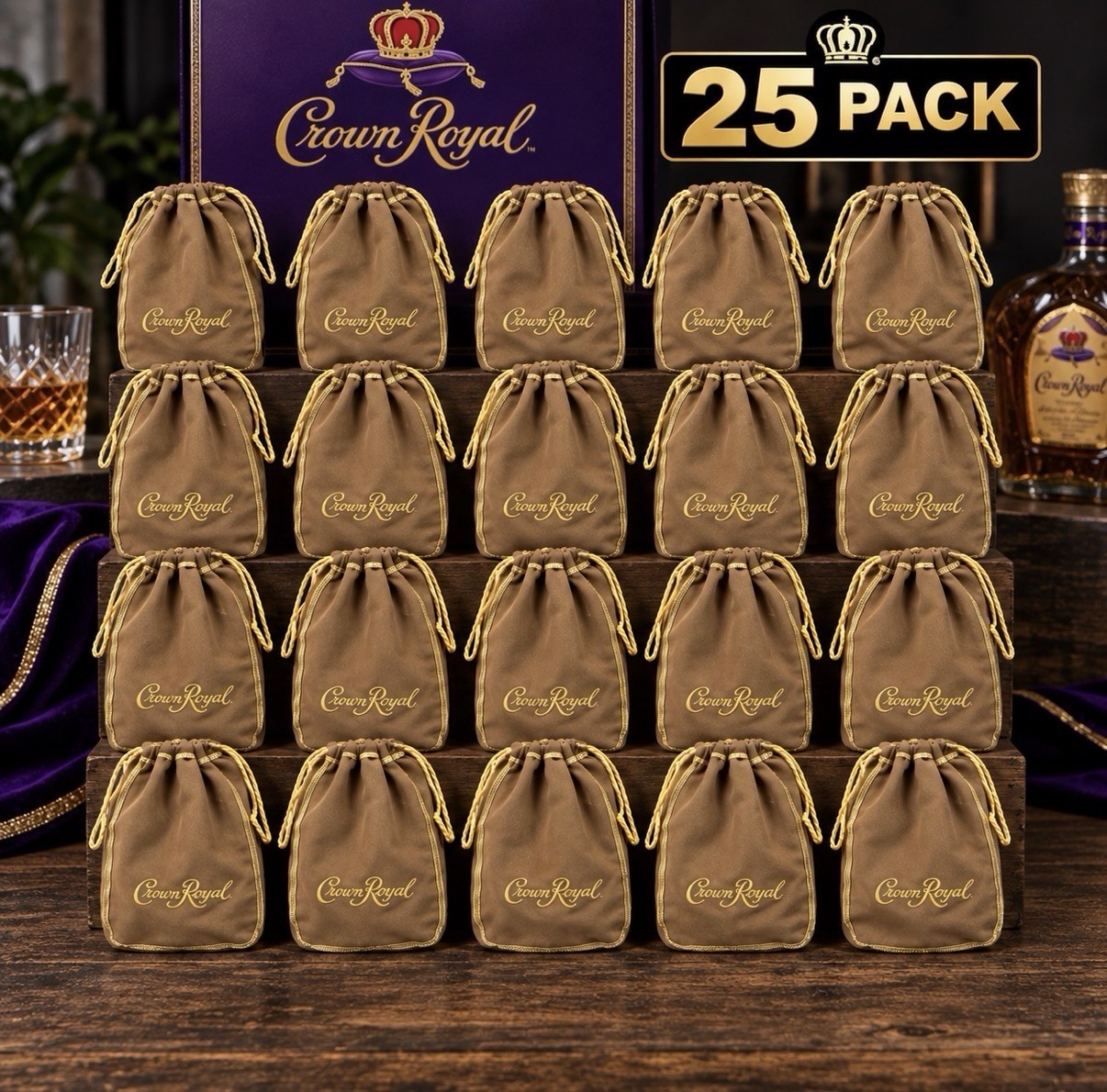 25 Crown Royal Bags 750ml Brown Gold Drawstring Pouches Empty Bulk Lot Crafts