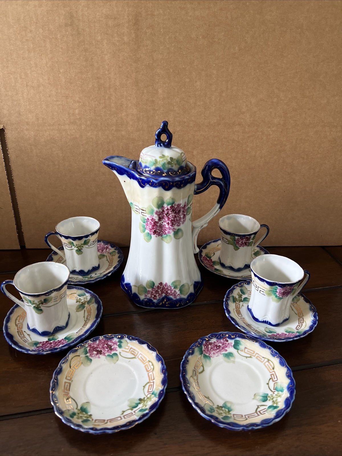 Cherry Blossom W/Cobalt Blue Chocolate Pot Pitcher W/Cups&Saucers-Nippon ANTQ