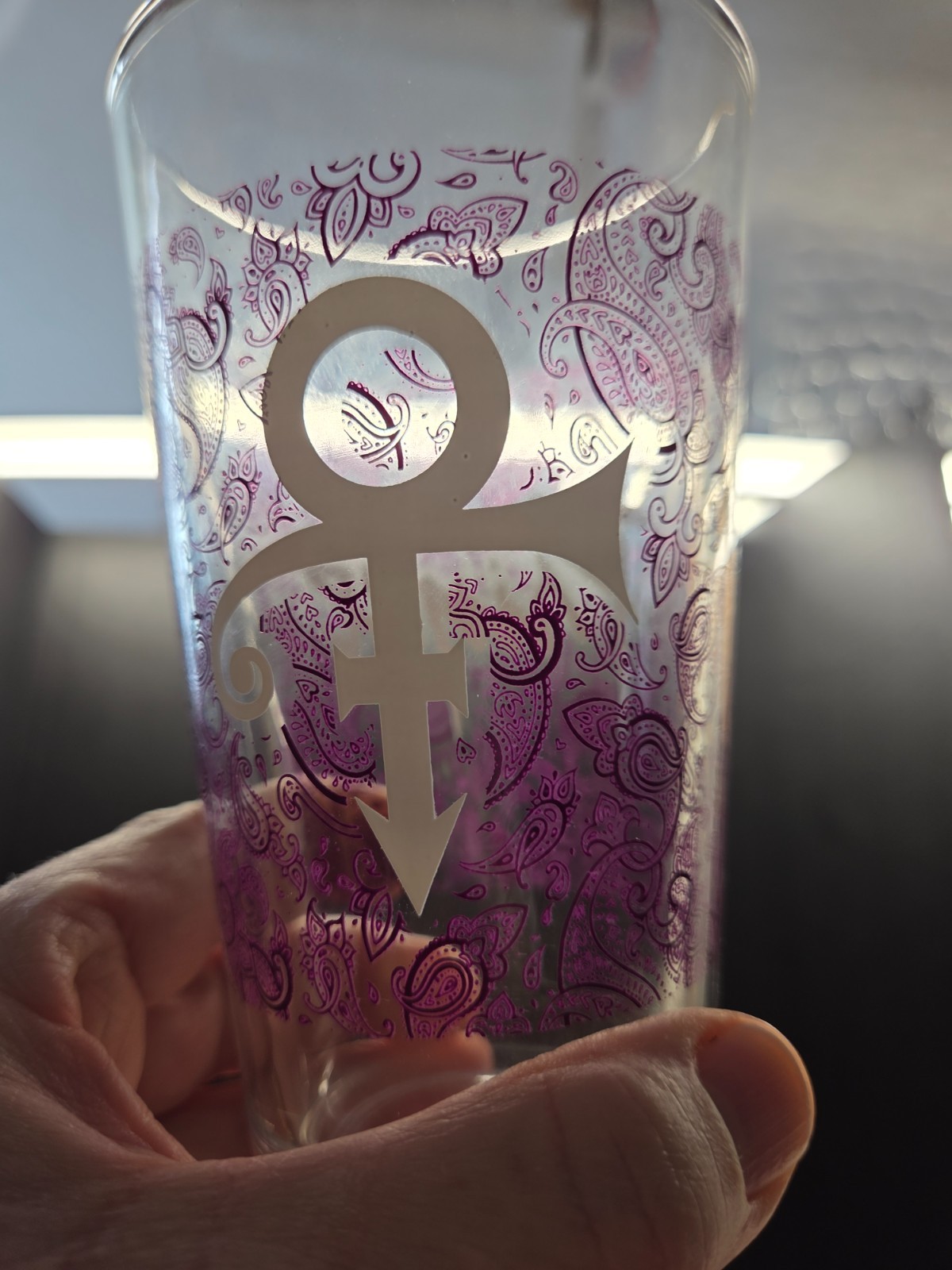 NEW ARTIST FORMALLY KNOWN AS PRINCE SYMBOL 16 OZ PURPLE PAISLEY DRINKING GLASS