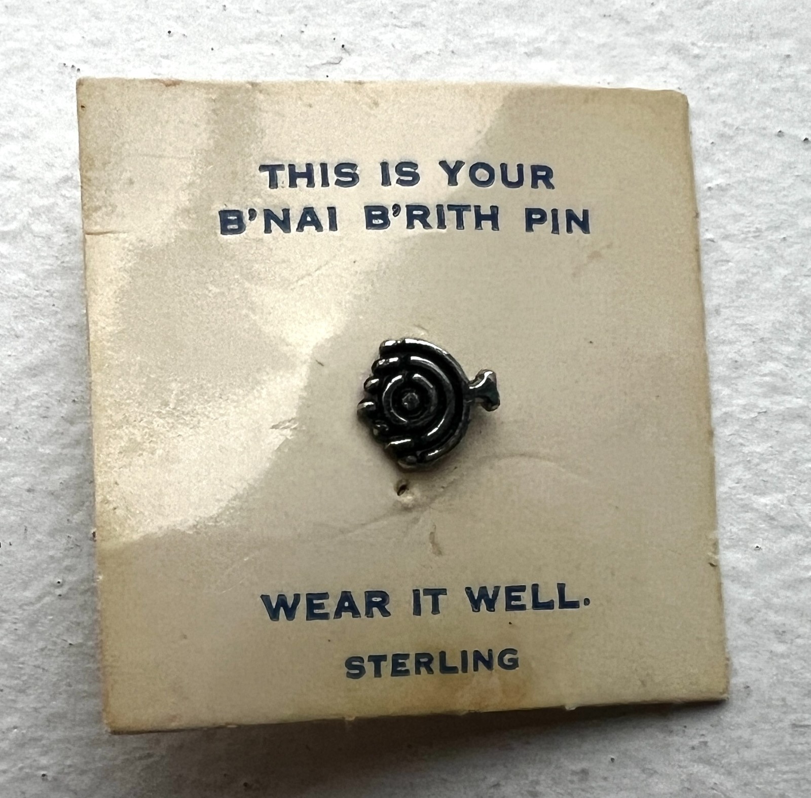 Vintage B’nai B’rith Sterling Silver Lapel Pin Judaica Original Card
