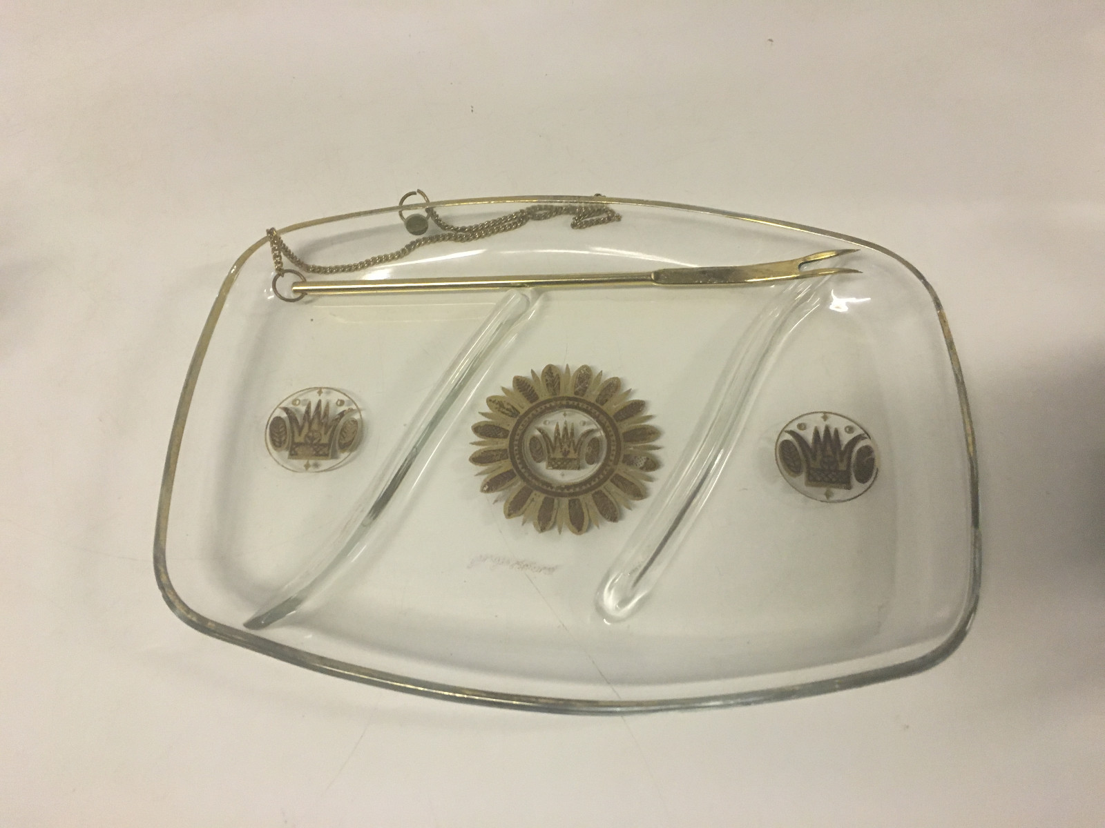 Vintage Mid Century Georges Briard Glass Cocktail Barware Tray w/ Fork / Pick Vintage Mid Century Georges Briard Glass Cocktail Barware Tray w/ Fork / Pick