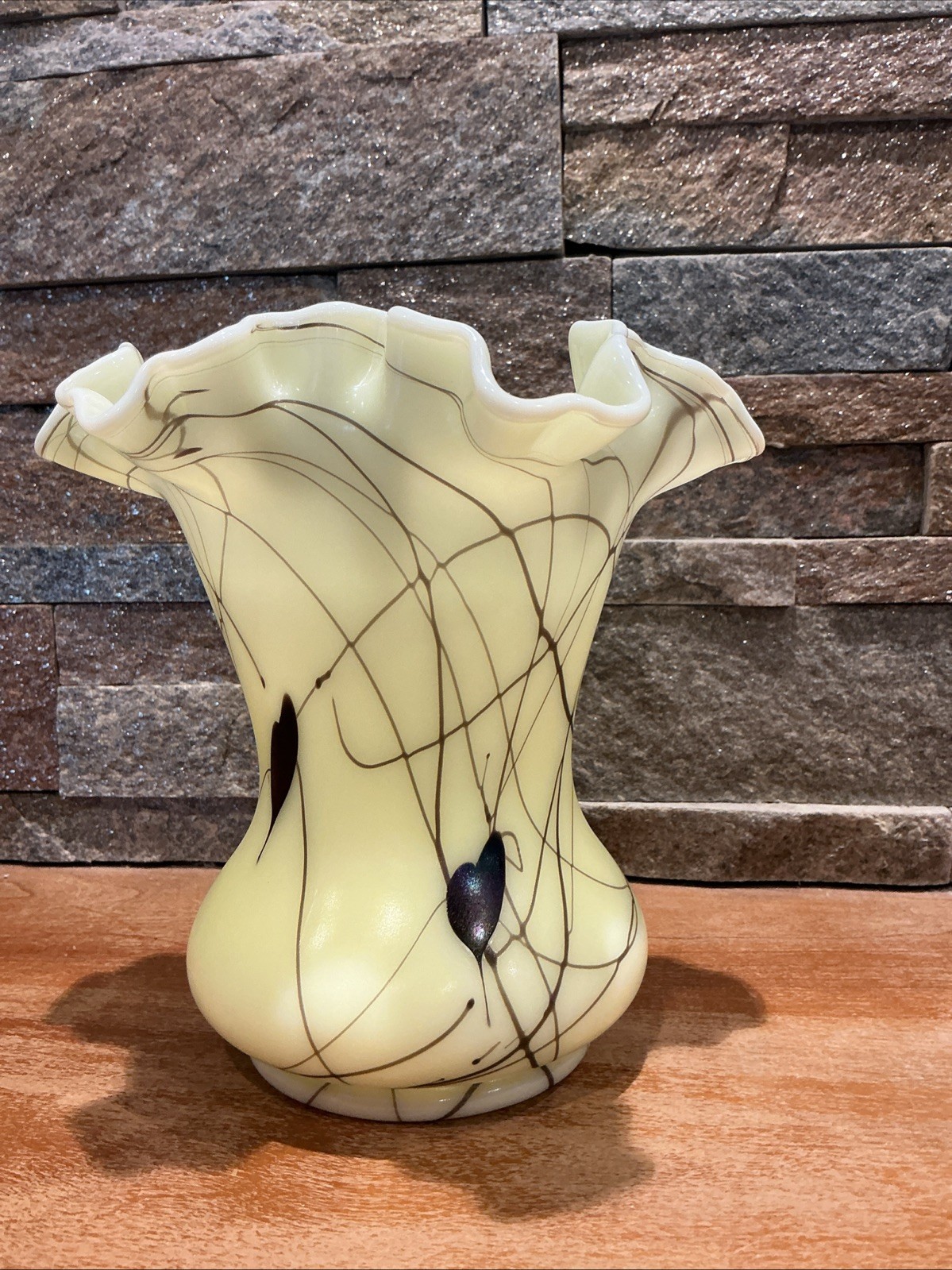 Fenton R. Barber Hanging Hearts Custard Ruffled Vase 8056-CI 6 Fenton R. Barber Hanging Hearts Custard Ruffled Vase 8056-CI 6