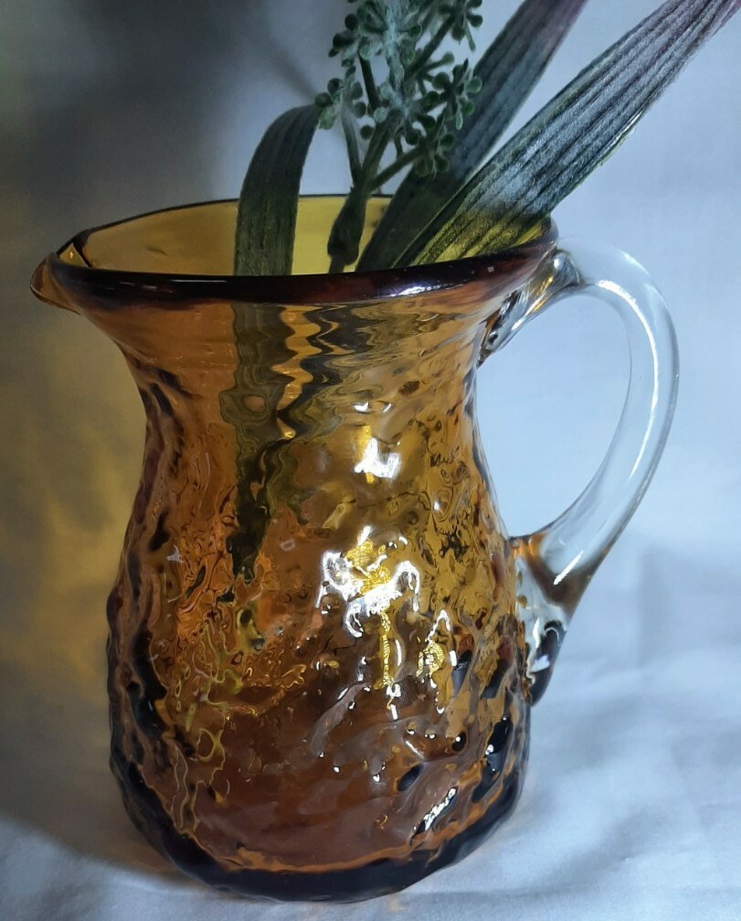 Vintage Hand Blown Amber Glass Pitcher Clear Applied Handle Vintage Hand Blown Amber Glass Pitcher Clear Applied Handle
