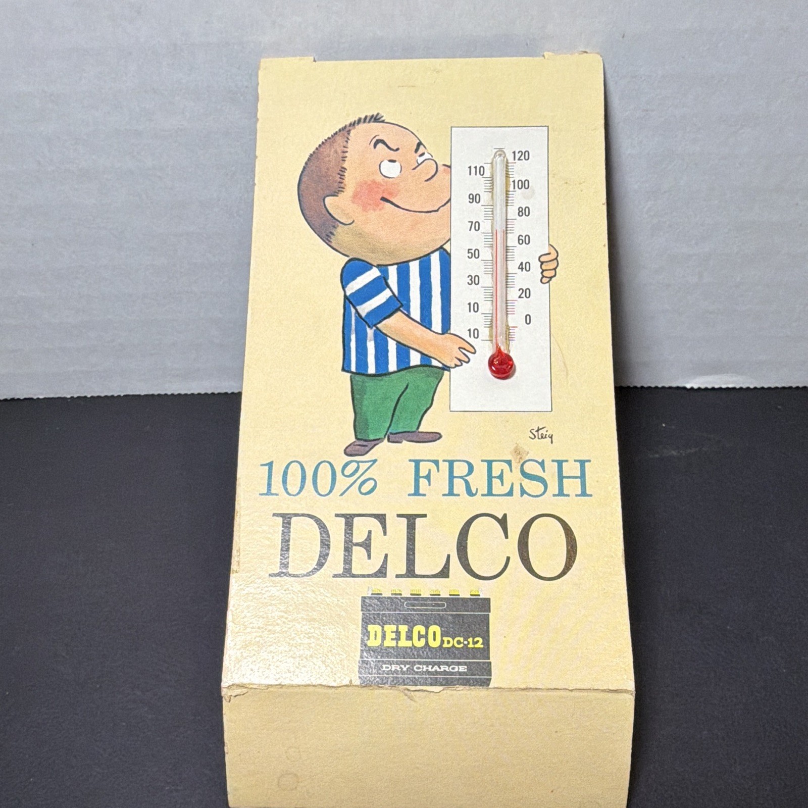 Delco 100% Fresh Dry Charge Battery Advertising Thermometer Display Card