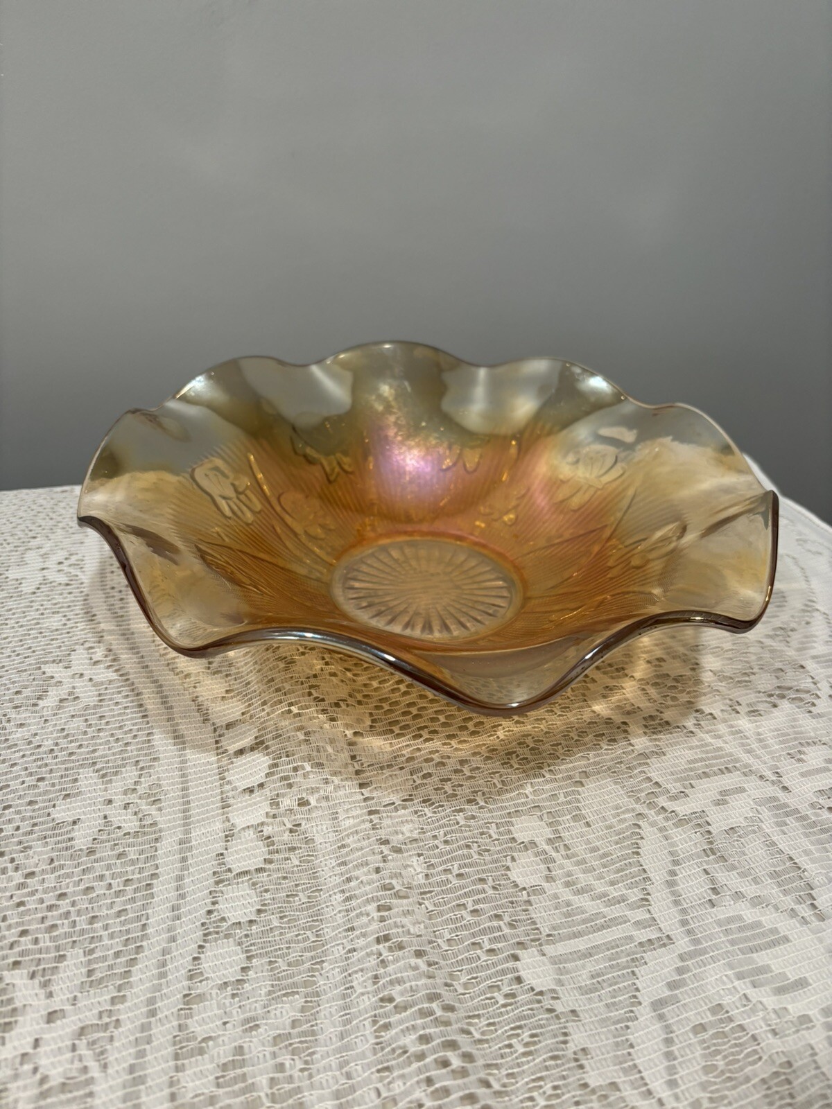 Ruffled Jeannette Marigold Orange Glass Bowl Carnival 11  1/2” 