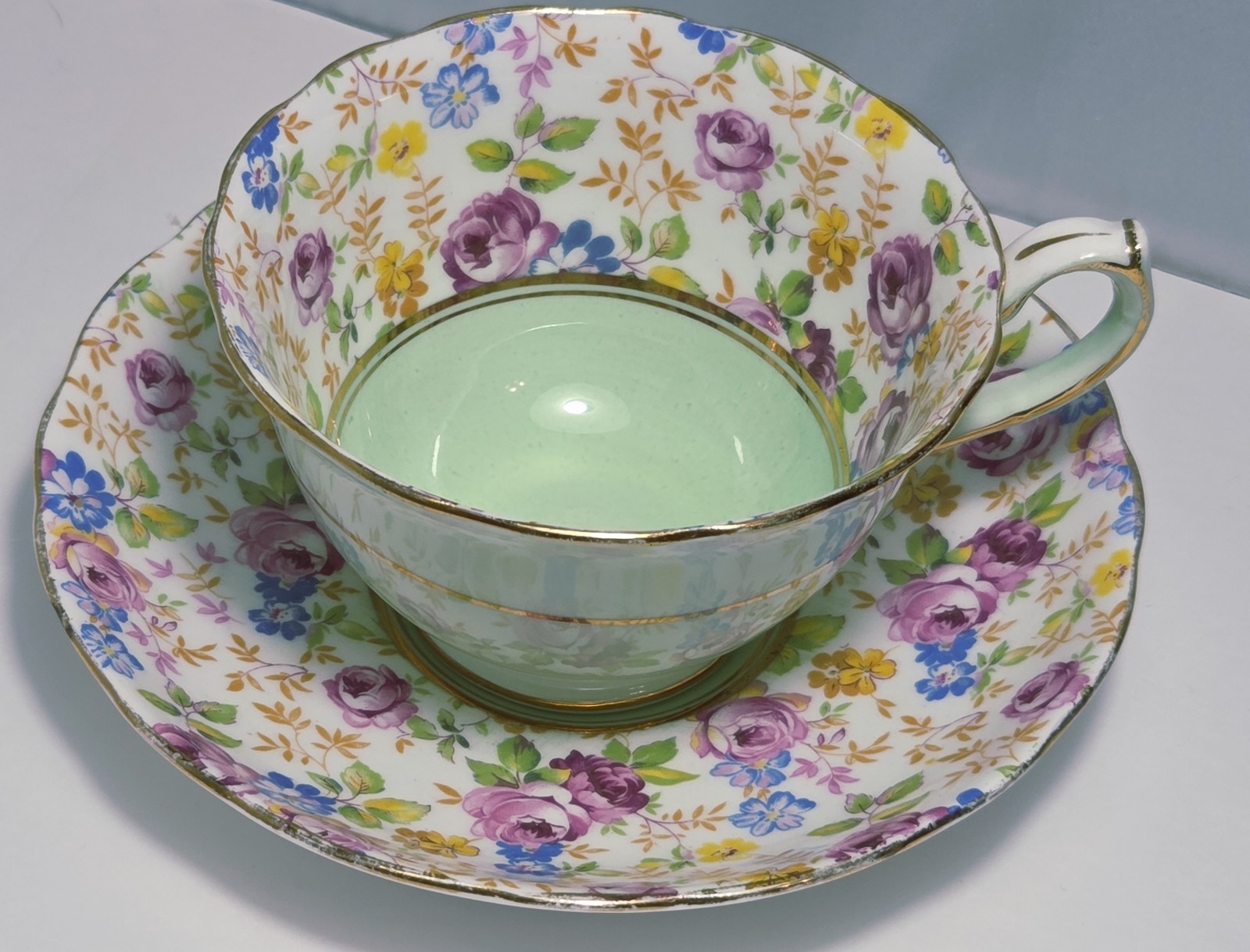 Vintage Hammersley Chintz Tea Cup & Saucer Bone China England Floral & Green
