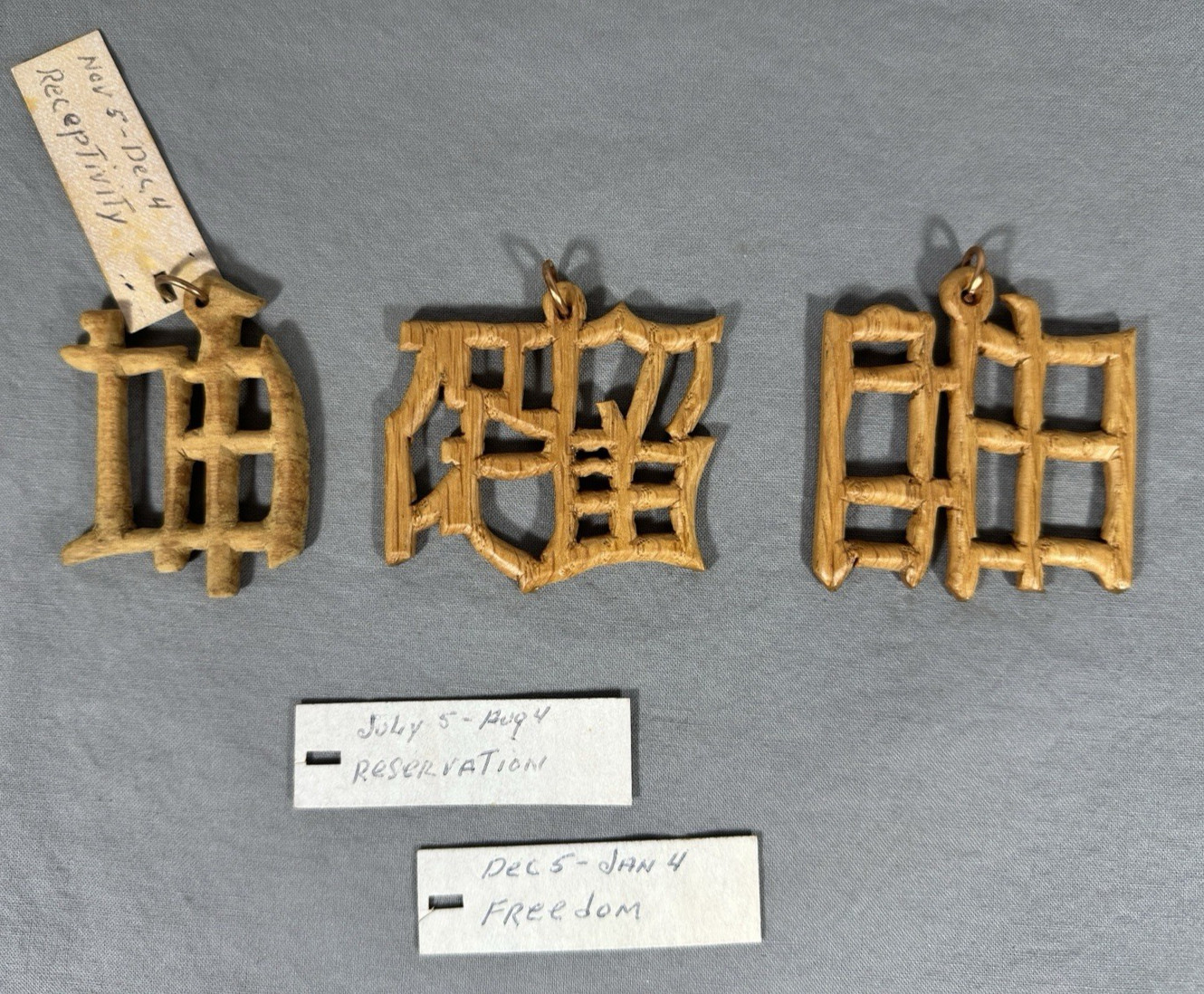 Vintage Oriental Lunar Calendar Sign Wood Hanging Ornaments Lot 3 Carved Symbols