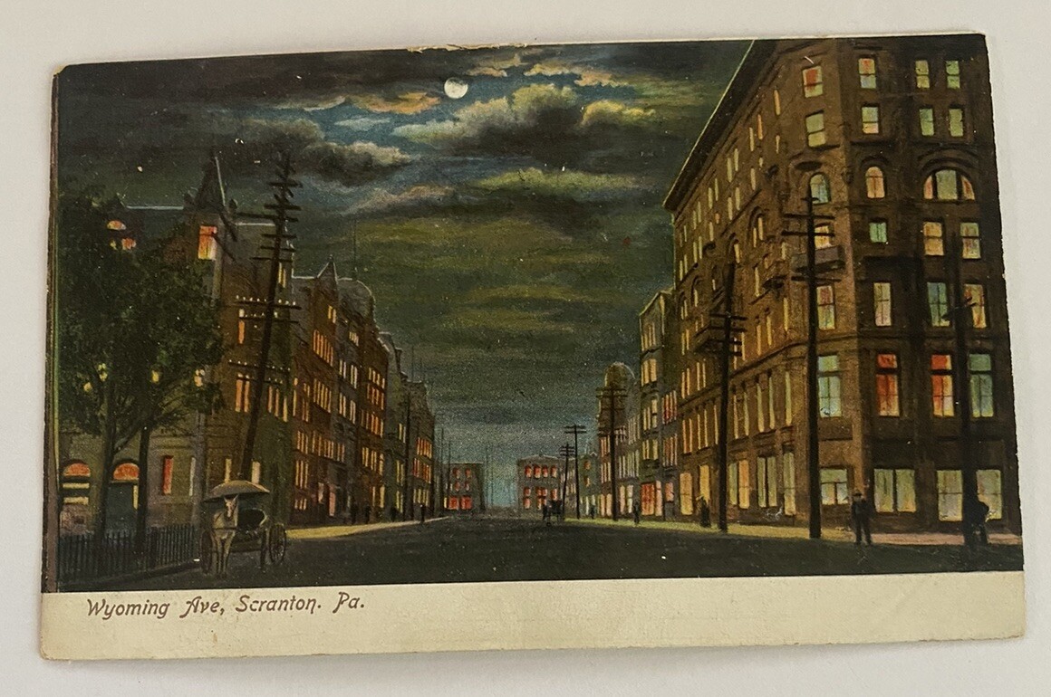 Vintage UDB Postcard ~ Wyoming Ave Moonlight View ~ Scranton, Pennsylvania PA