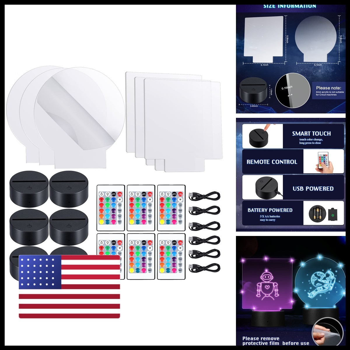 Honoson 6 Sets 3D Night LED Lamp Base Clear Acrylic Remote USB Round Square Honoson 6 Sets 3D Night LED Lamp Base Clear Acrylic Remote USB Round Square