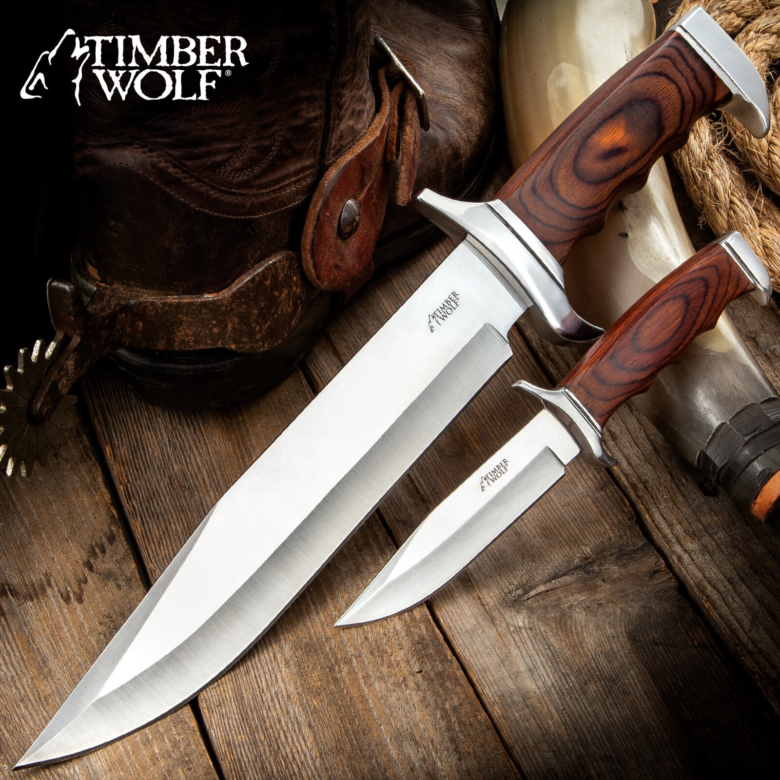 Timber Wolf Knife Set and Belt Sheath - Bowie and Fixed Blade Knives | 2 piece Timber Wolf Knife Set and Belt Sheath - Bowie and Fixed Blade Knives | 2 piece
