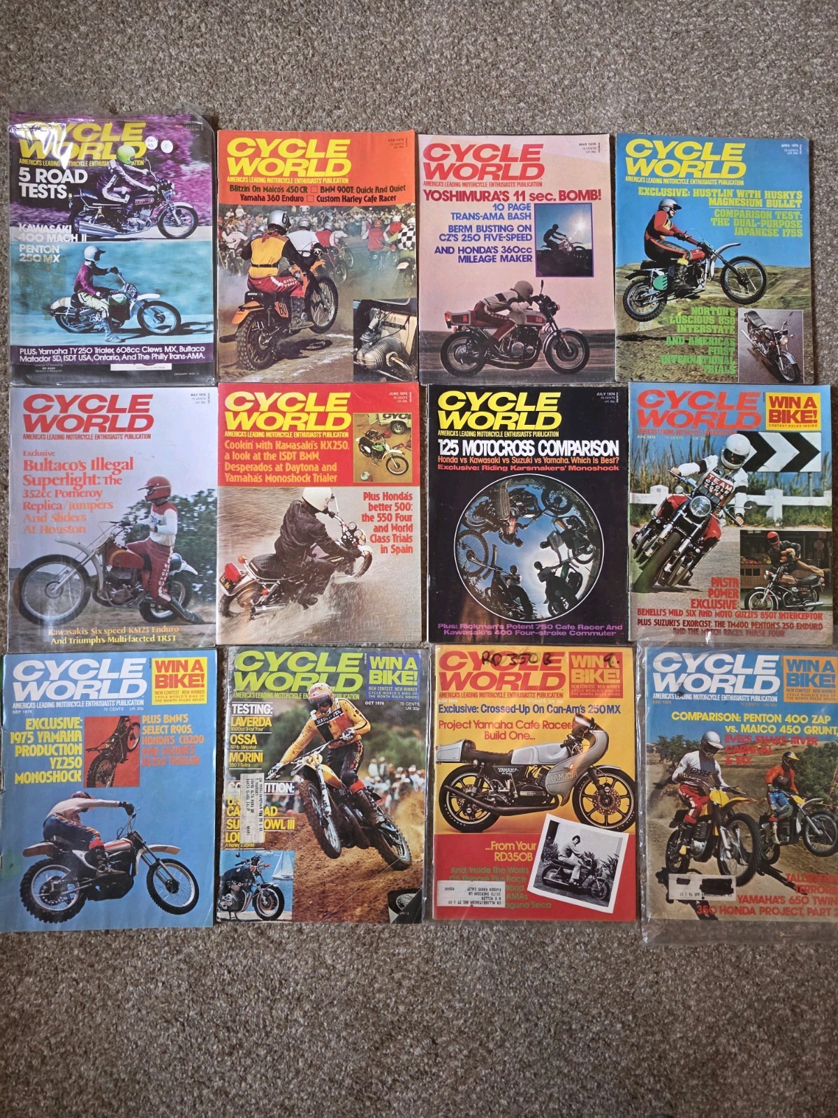 12 x Cycle World Motorcycle Magazines Jan-Dec 1974