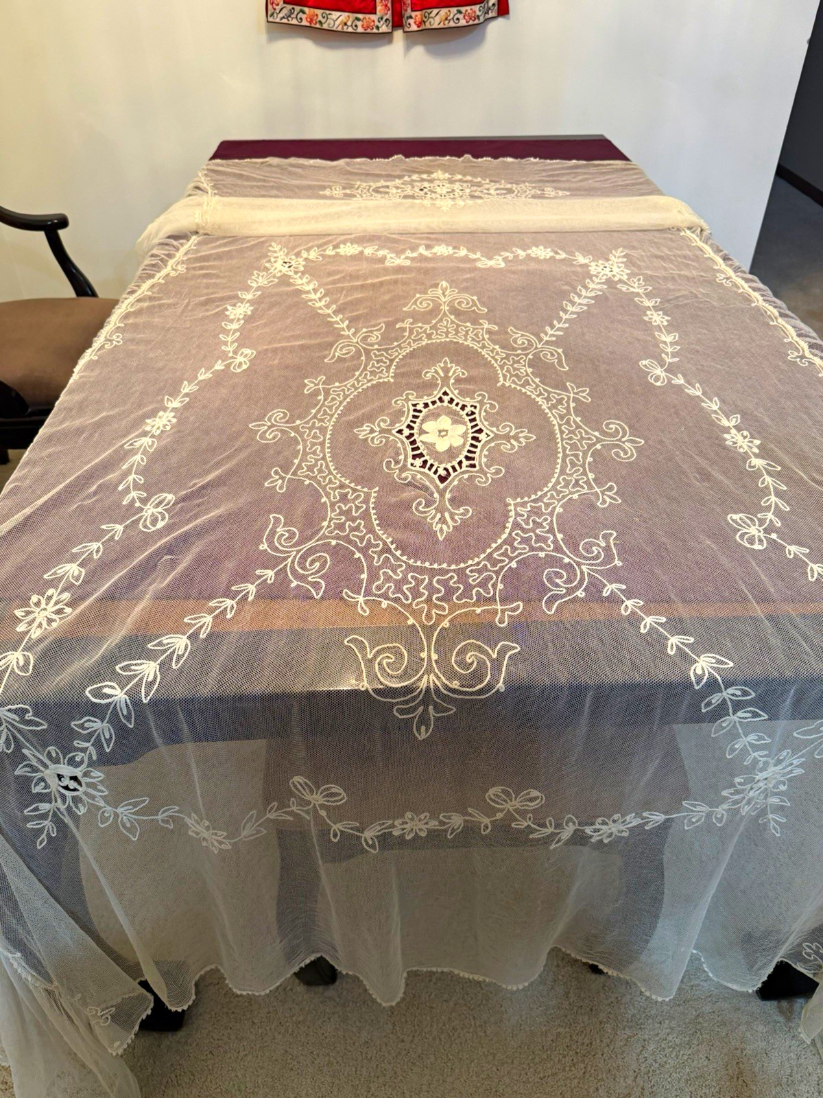 Antique French Tambour Lace Bedspread Coverlet Twin 
