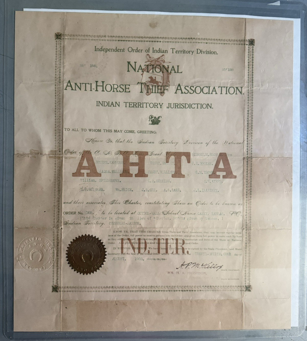 RARE 1905 AHTA Anti-Horse Thief Association Indian Territory Charter No. 188
