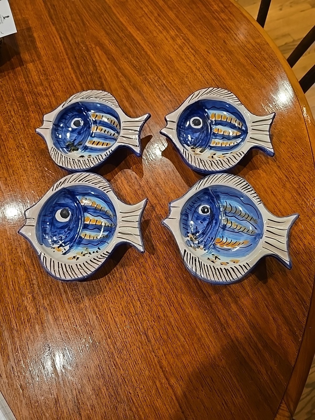 Set Of 4 Vintage Solimene Vietri Hand Painted Blue Fish Pottery Dip Bowls Italy