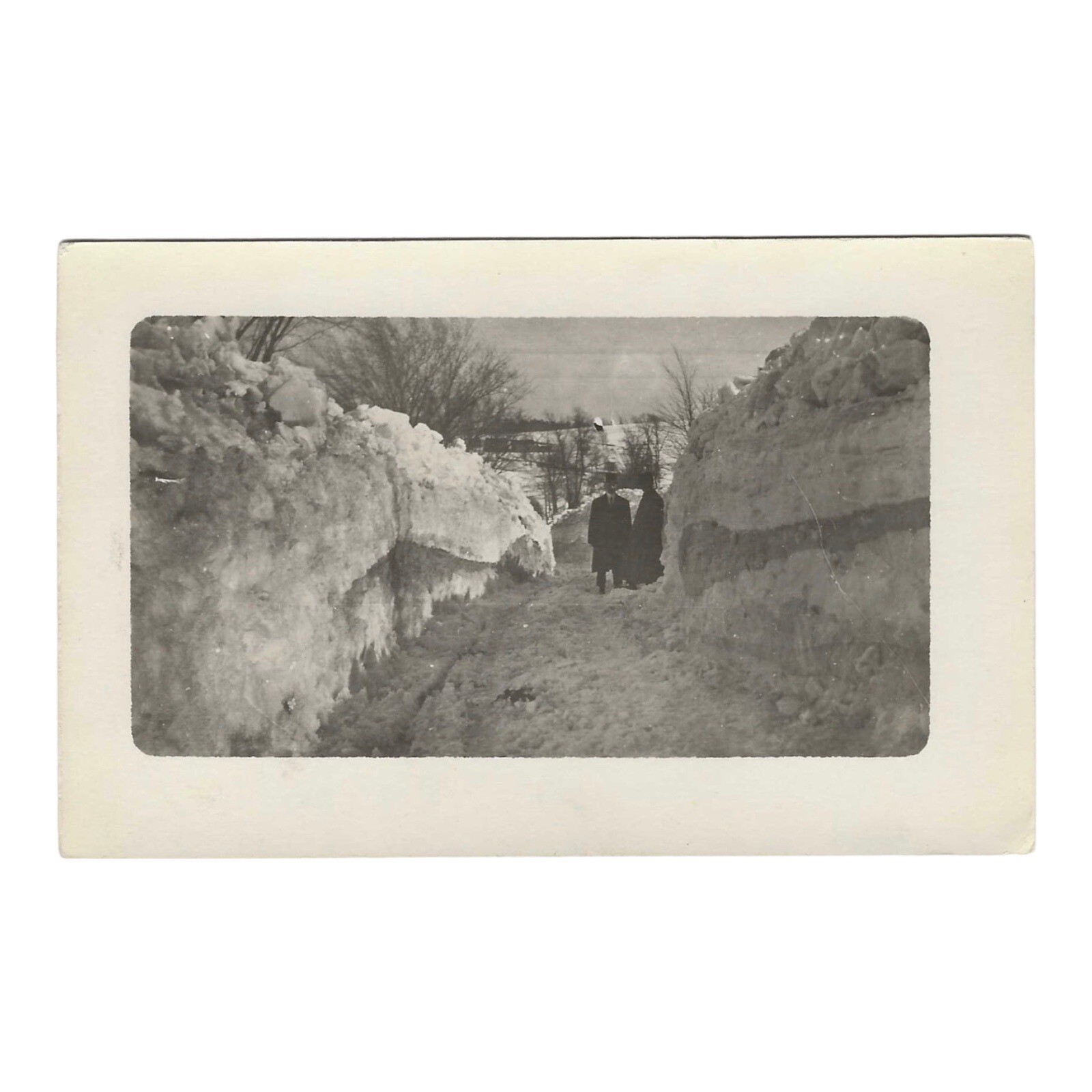 Antique Photo Postcard Silhouette Of Two Men Standing Between Snow Berm RPPC