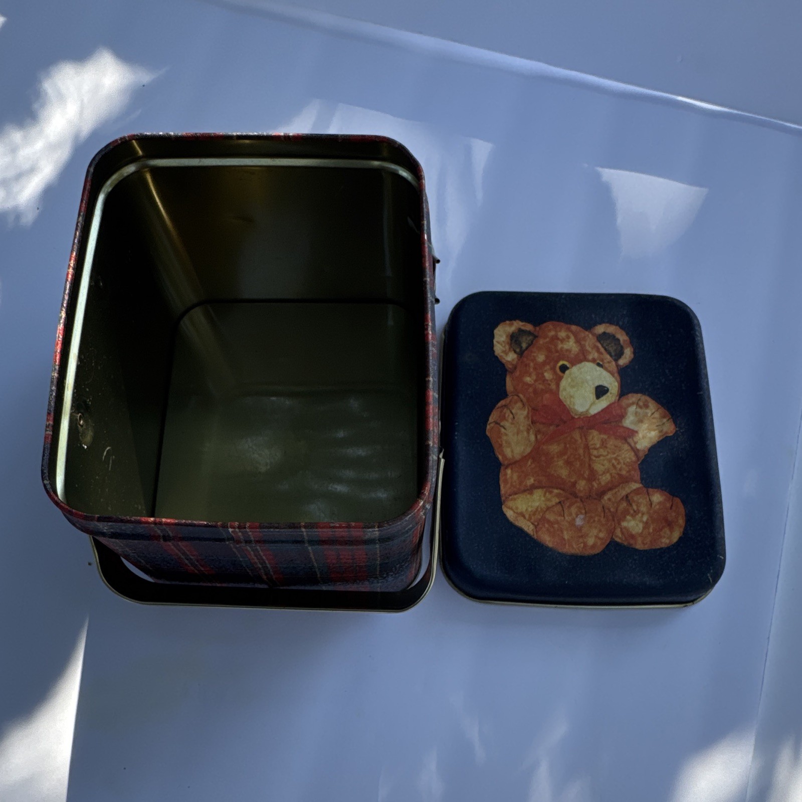 Vintage Henco Hinged Plaid Teddy Bear Basket Tin