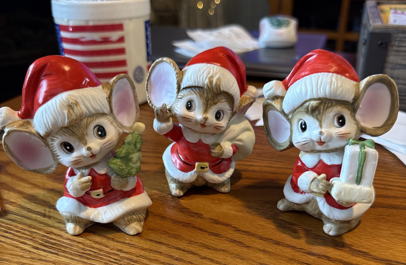 3 PC Vtg HOMCO HOME INTERIORS 5405 Christmas SANTA MICE Ceramic Figurines 3.75