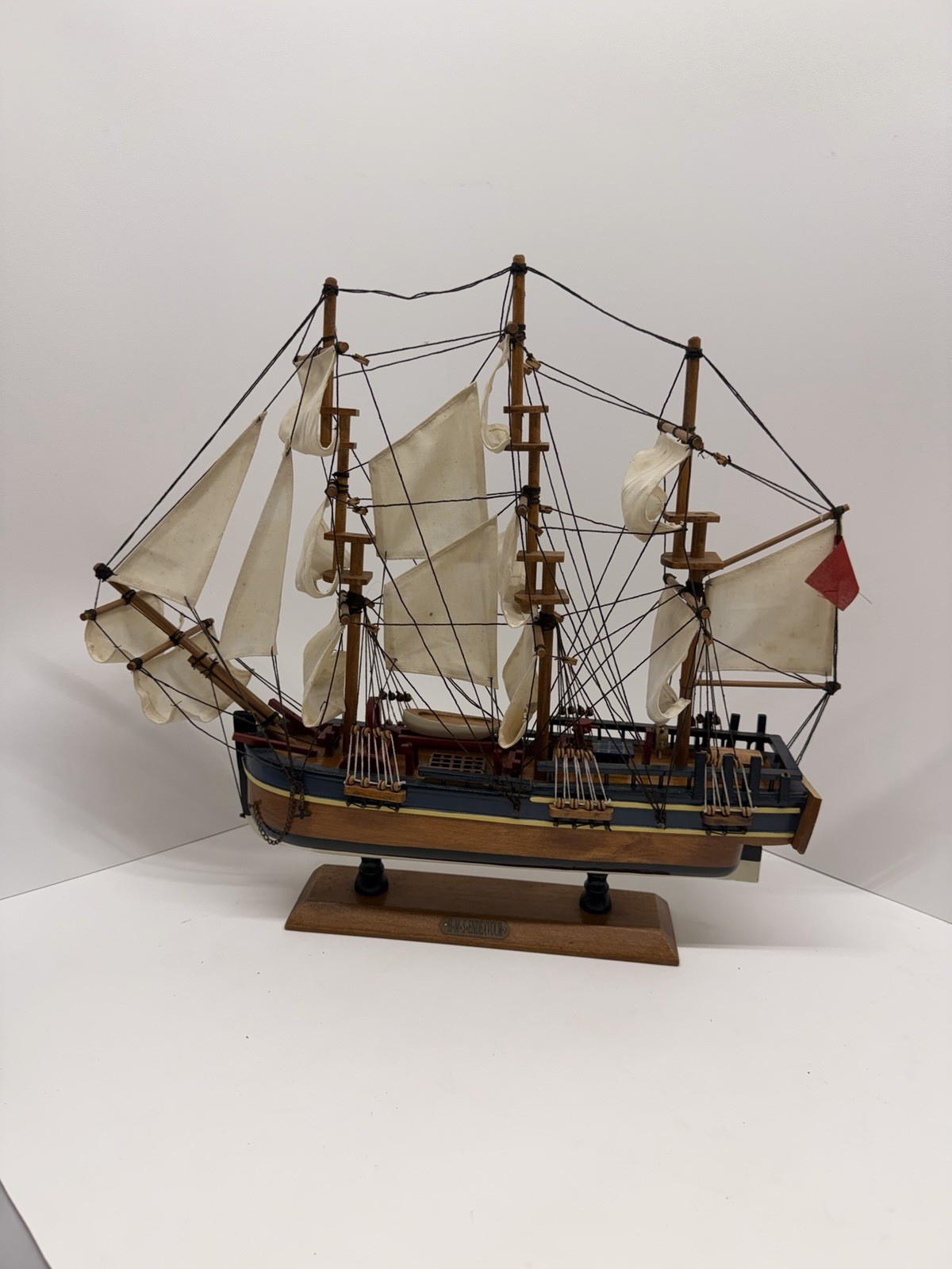 Vintage H.M.S. Endeavour Handcrafted Wooden Tall Ship Model Nautical Decor