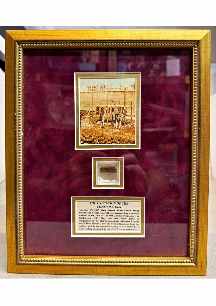 Abraham Lincoln conspirators scaffold  wood relic and m e surratt autograph cut
