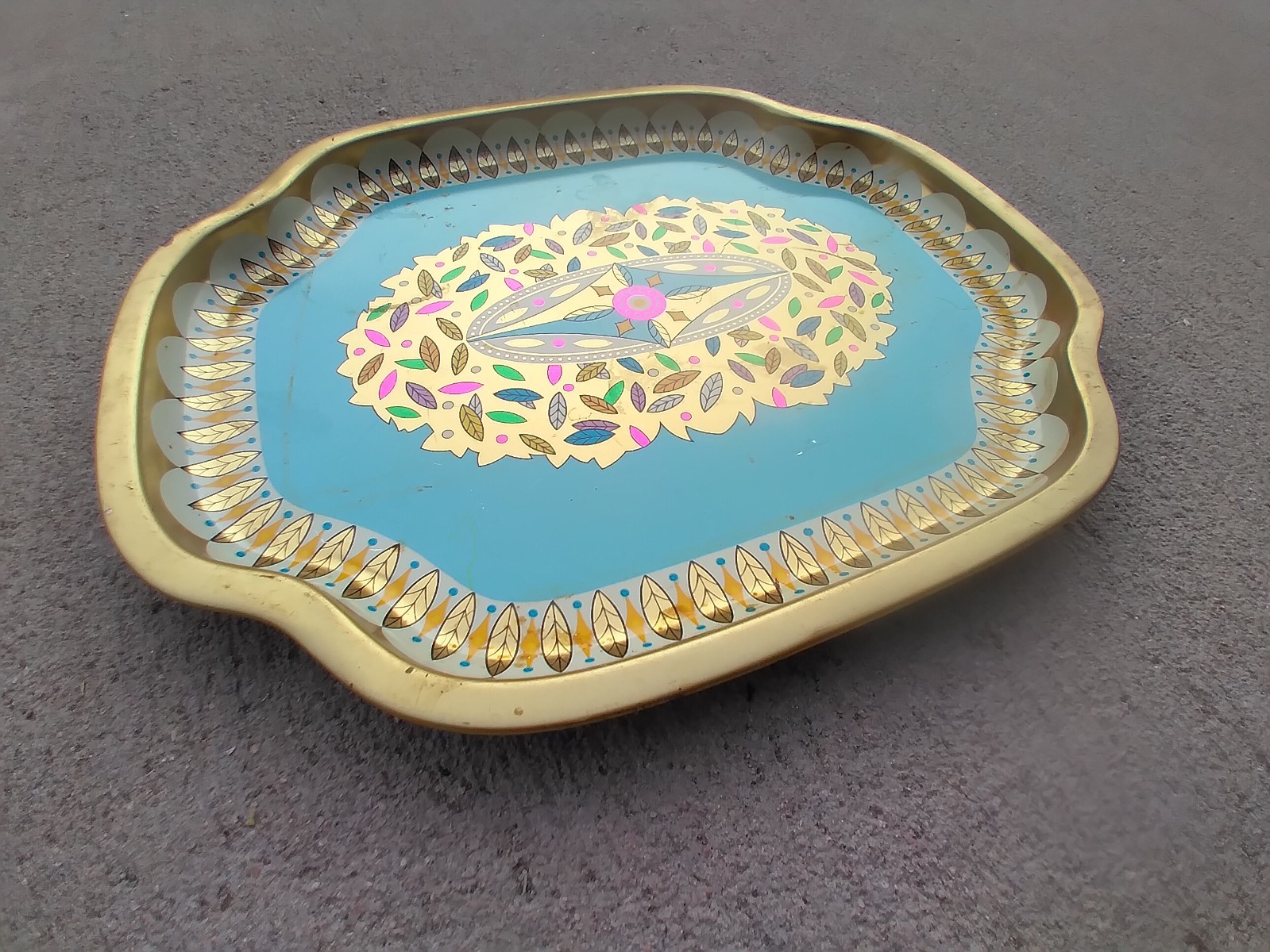 Baret Ware Leaves Serving Tray Metal Gold Teal Vintage