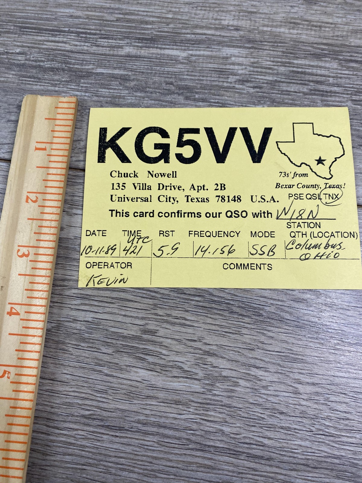 Vintage 1984 KG5VV Texas Ham Radio QSL Card To W8JN Columbus Ohio Yellow