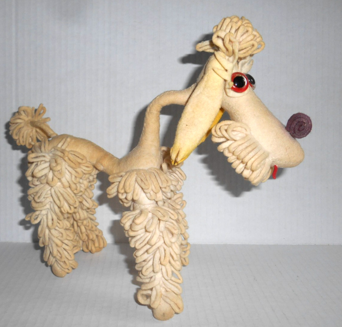 MCM Handmade VTG 1950s Wool Felt POODLE DOG Armature Sculpture Art Glass Eyes