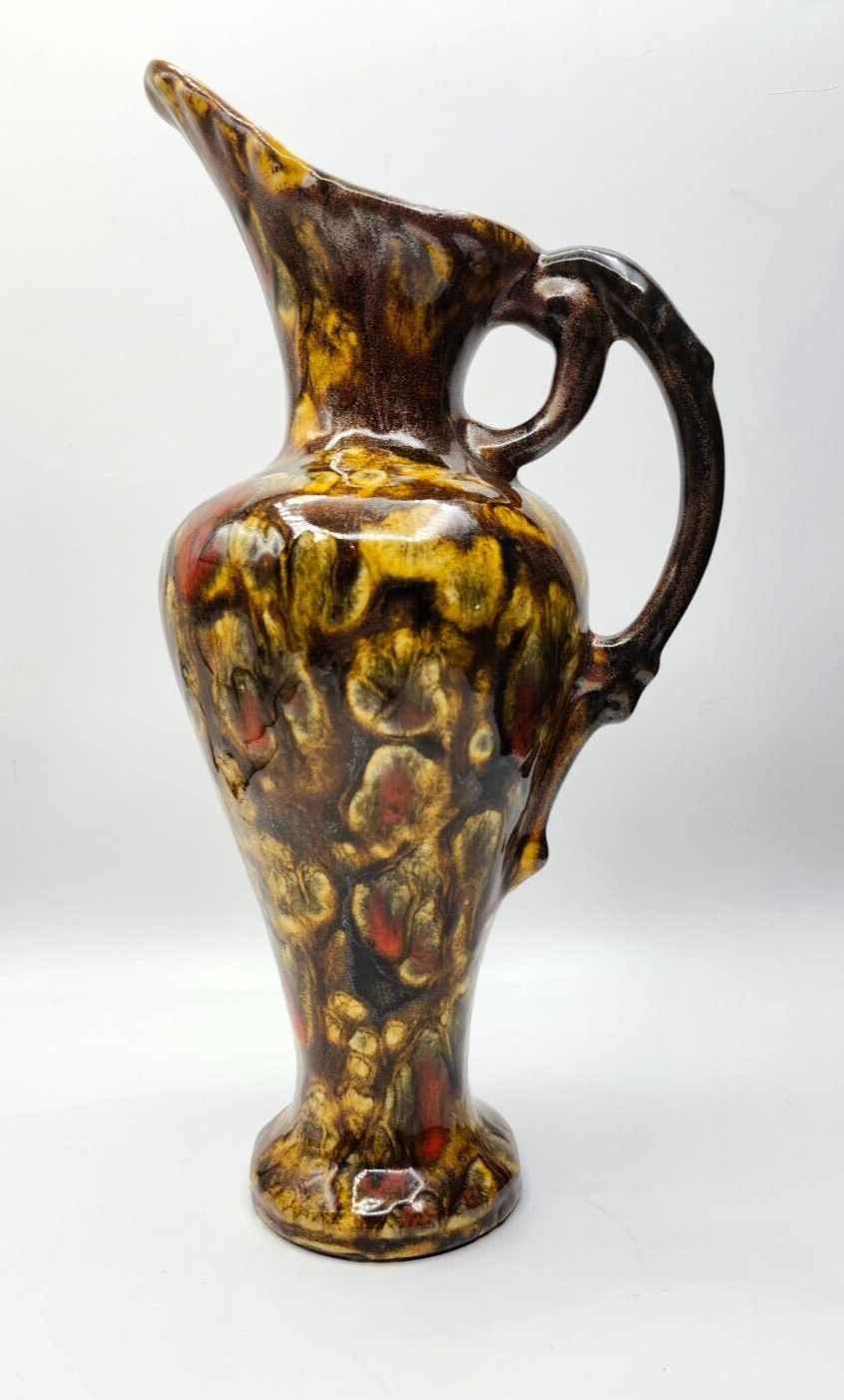 MCM 1960 Ceramic Art Pottery Ewer Pitcher Vase Brown & Gold MCM Signed 12