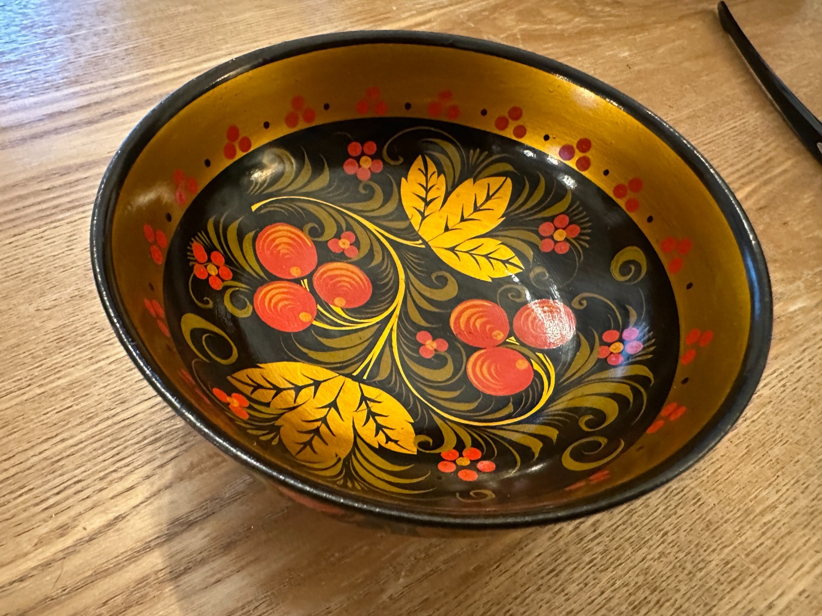 Vintage USSR Khokhloma Wooden Bowl Hand Painted Soviet Russian Folk Art 5.5