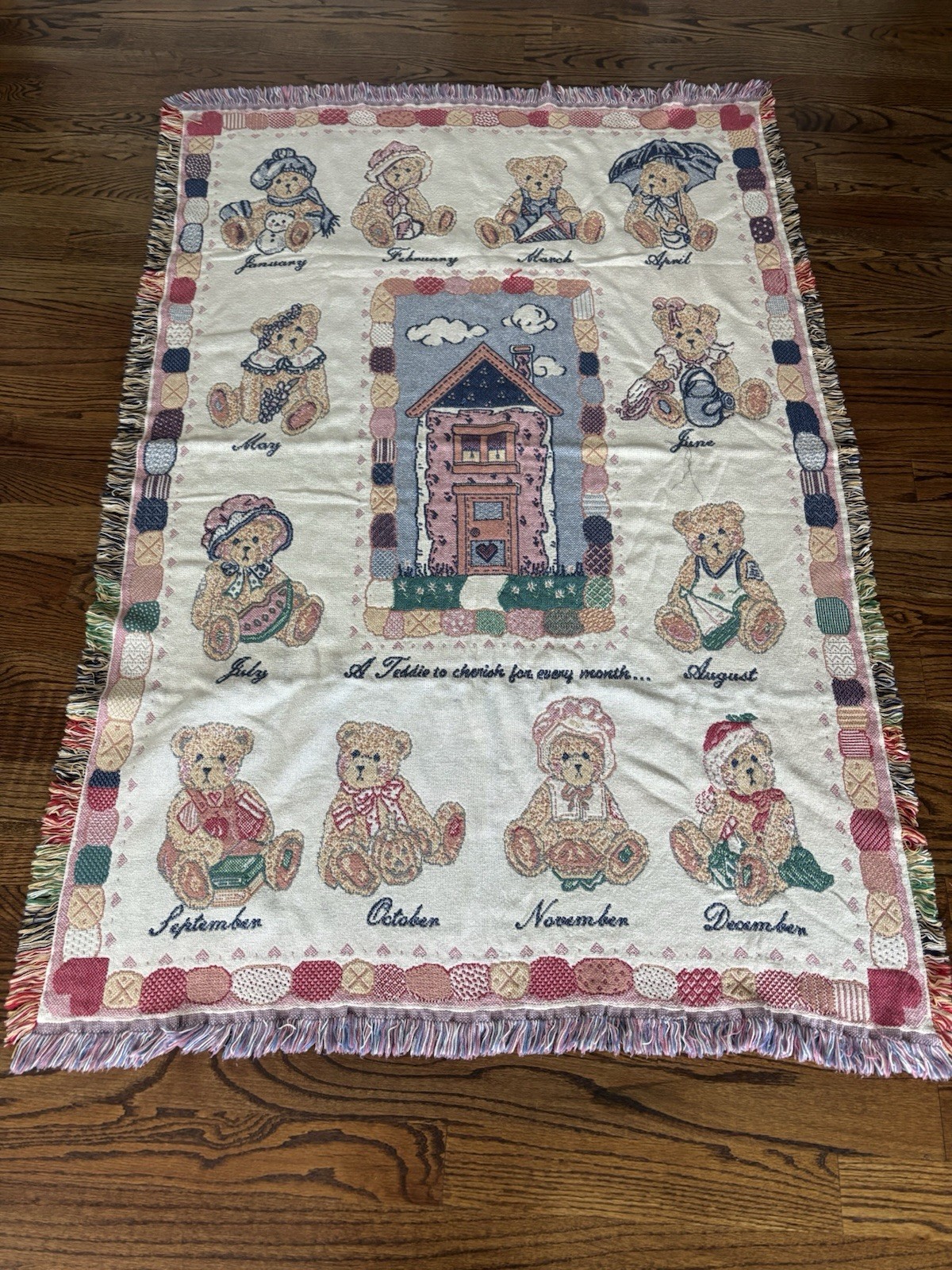Priscilla Hillman 1995 Cherished Teddies Tapestry Throw Blanket Afghan Cotton