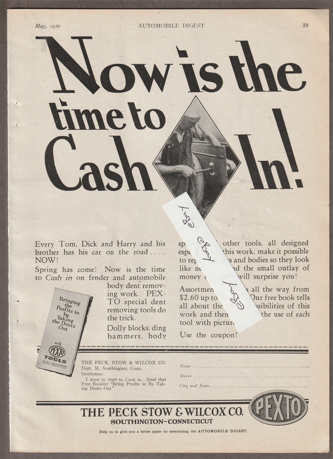 Vintage 1929 PECK STOW WILCOX Magazine AD ~ PEXTO