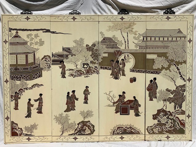 Four Panel Japanese Byobo-Lovely Courtyard Scene Four Panel Japanese Byobo-Lovely Courtyard Scene
