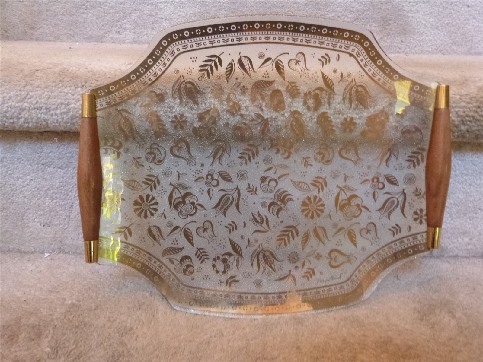 VINTAGE MCM Georges Briard Glass Tray Gold Flowers Teak Handles 12.5\