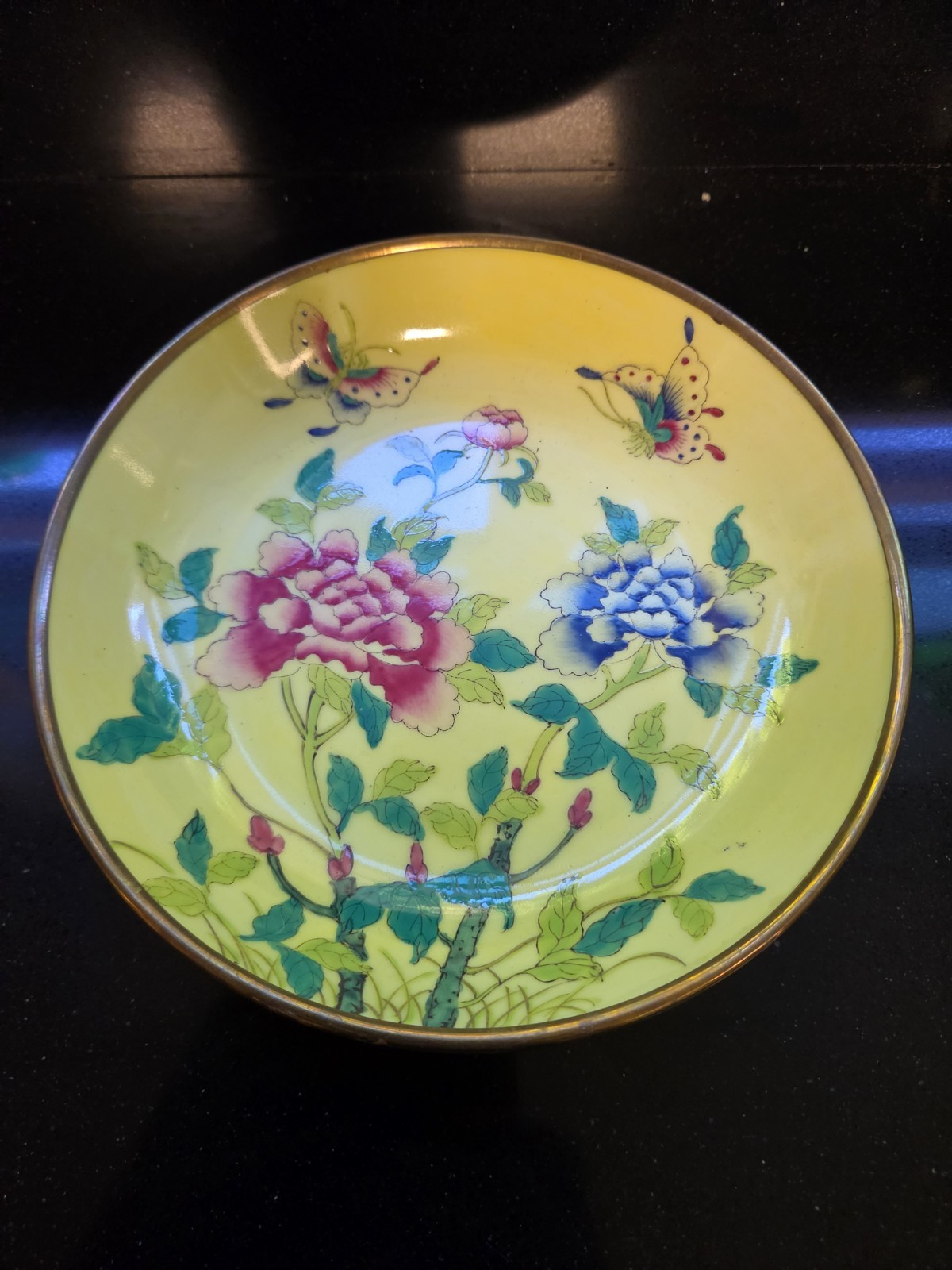 Vtg ACF Japanese Porcelain Brass Encased Bowl Hand Decorated Hong Kong Yellow...