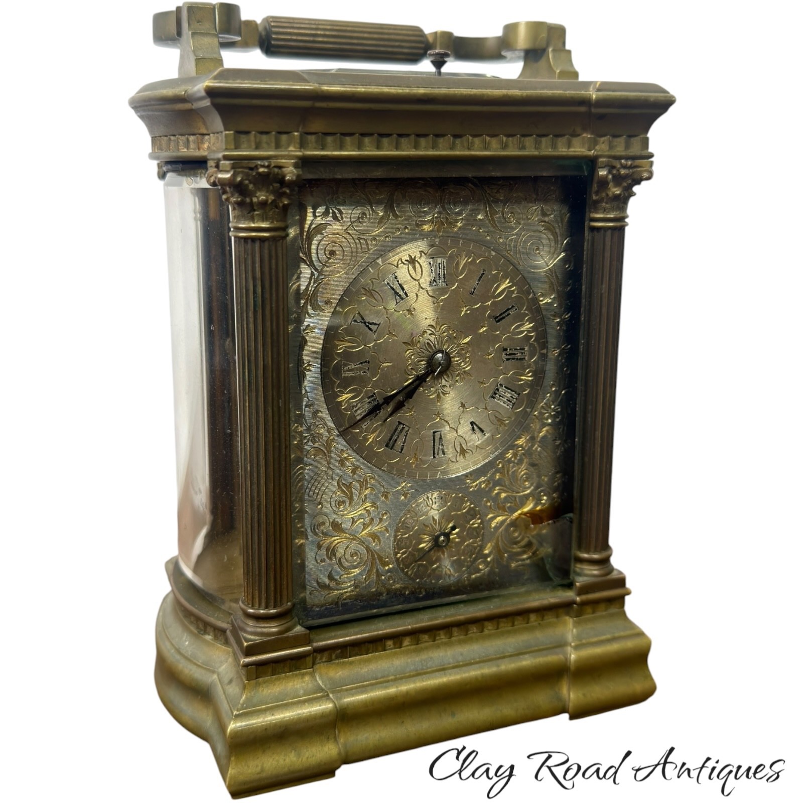 Antique c1880 French Repeater Carriage Clock Alarm Engraved Dial Brass