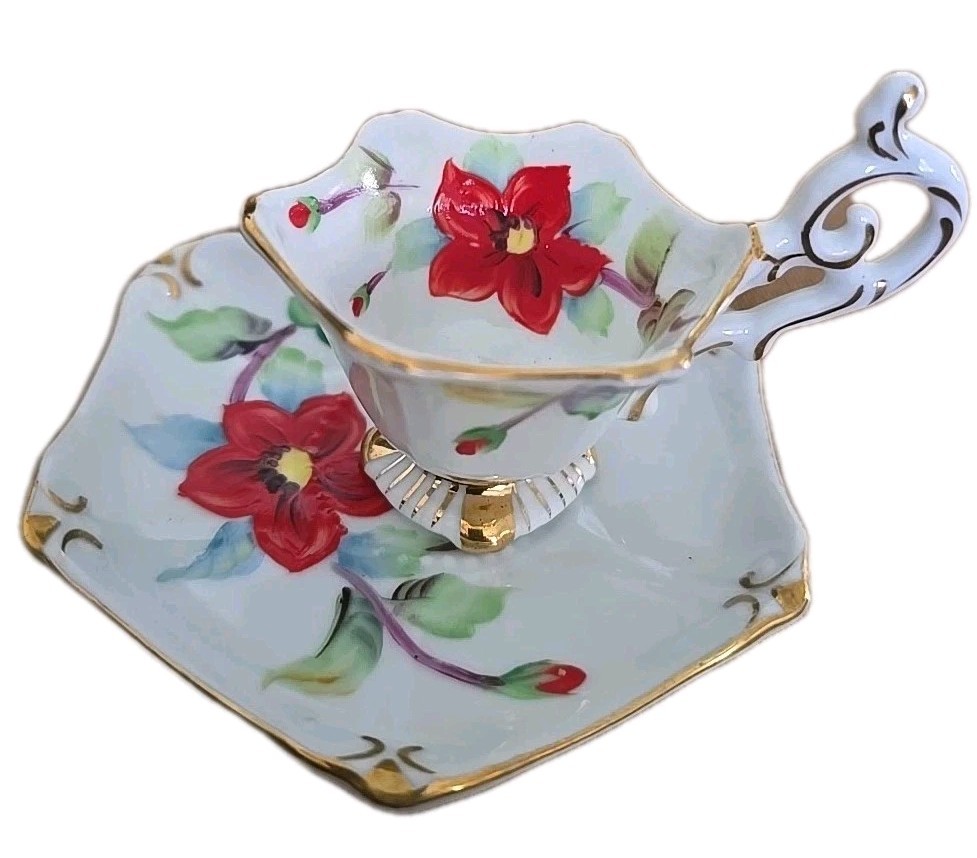 RARE Vintage Rossetti Occupied Japan Spring Miniture Red Floral Cups & Saucer