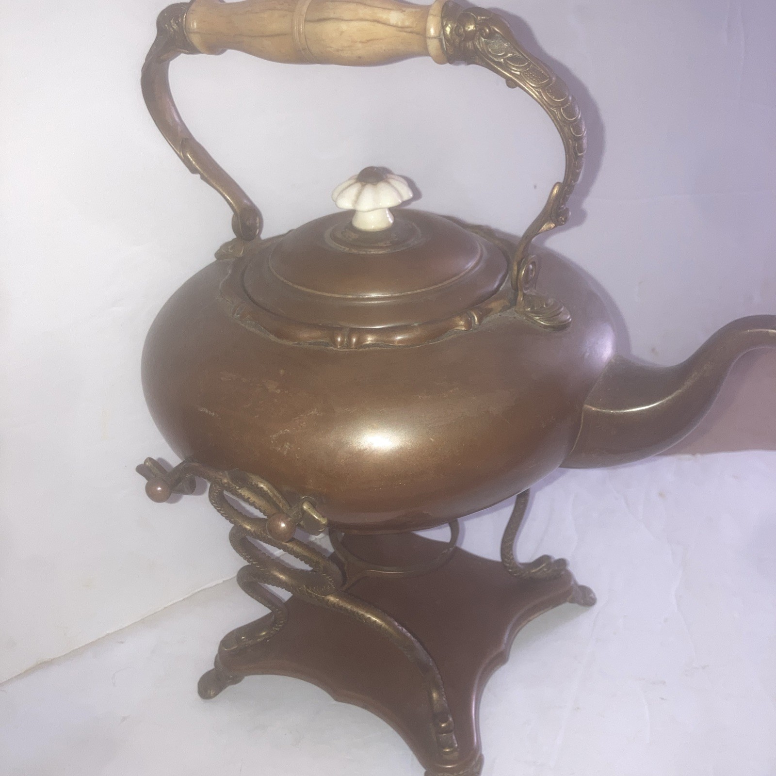 Antique Copper Tilting Spirit Kettle on Ornate Warming Stand w Serpent Supports