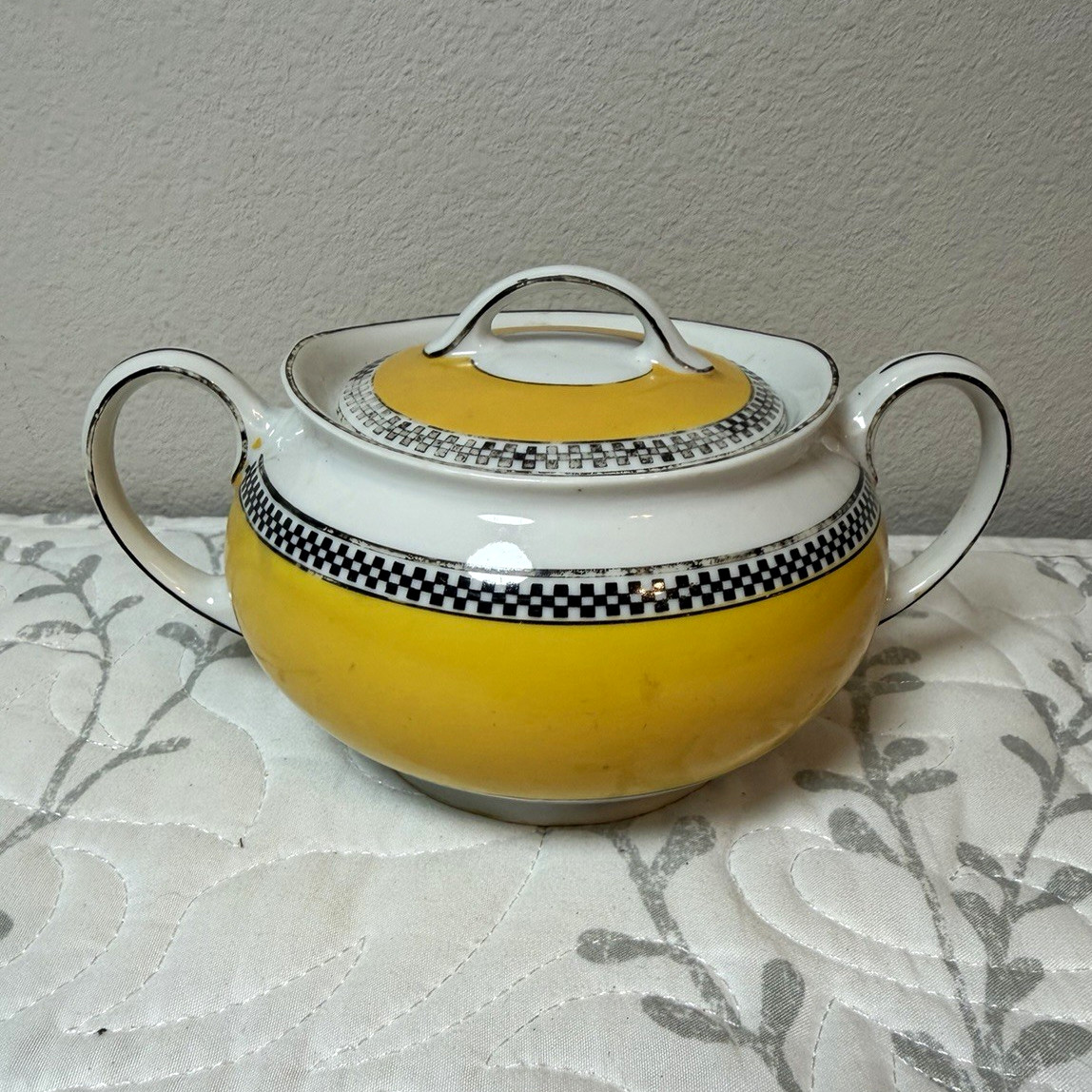 Vintage H&C Bavaria Cavalier Porcelain Geometric Yellow White Lidded Sugar Bowl