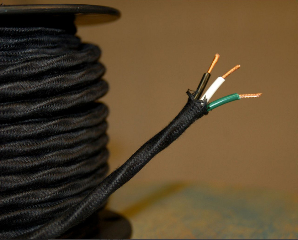 16 Gauge Black Cloth Covered 3-Wire Overbraid Cord, Vintage Lamps, Fans, Lights